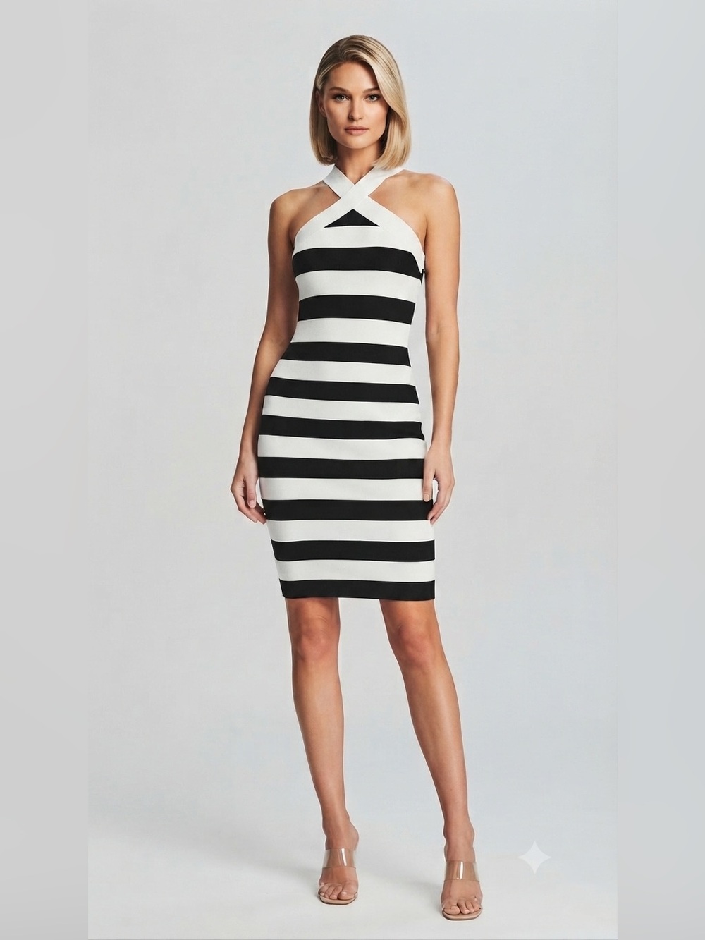 NWT Happily Grey Black & White Striped Halter Bodycon Knit Dress Size Medium